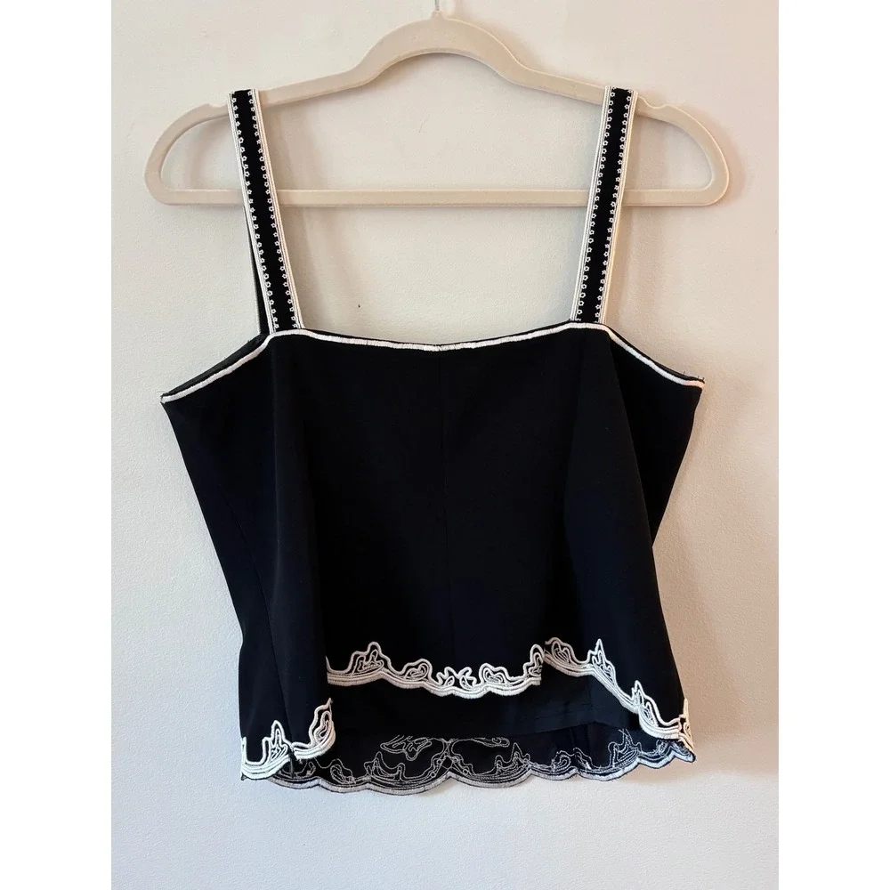 Vintage Y2K Maggy London Black White Floral Soutache Embroidered‎ Cami Top 10P